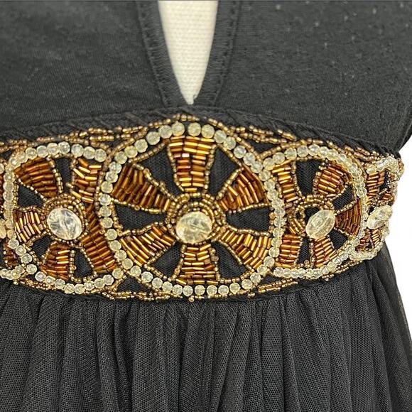 Free People Black Boho Beaded mini dress Tulle Open Back whimsigoth Y2k Vintage - Picture 3 of 9